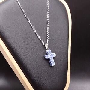 925 Silver Necklace W/ Blue Lapis Stone Cross Vtg Boho Valentine Birthday Gift